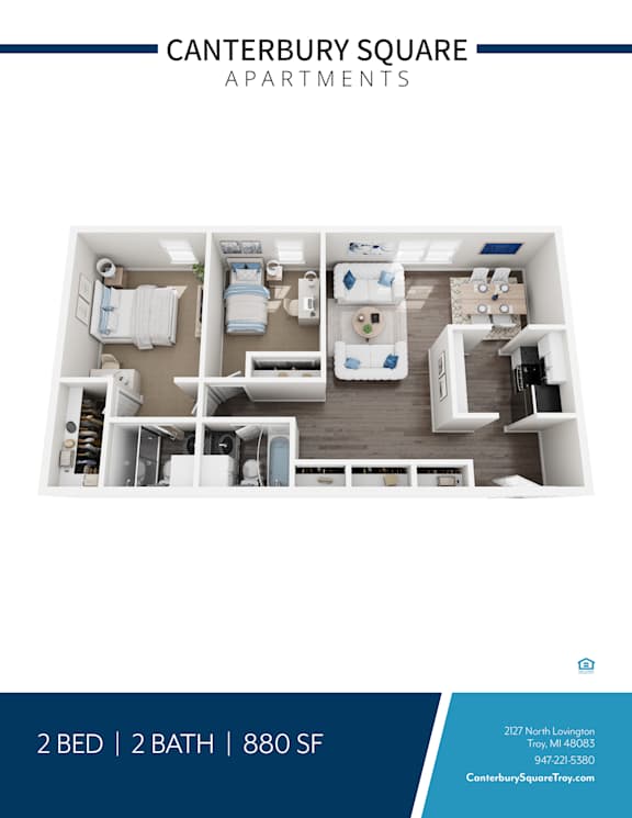 Two bedroom two bath floor plan 3D rendering at Canterbury Square Apartments, Troy