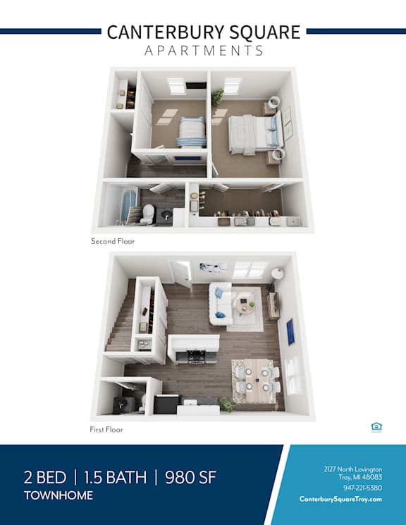 Two bedroom townhome floor plan upper and lower levels at Canterbury Square Apartments, Michigan, 48083