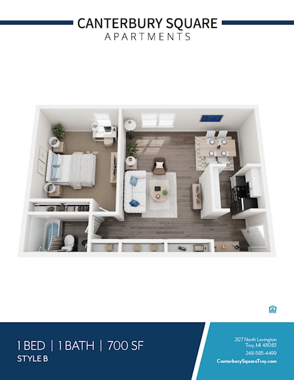 A Canterbury Square Apartments advertisement showcasing a 1 Bed, 1 Bath apartment with a floor plan layout.