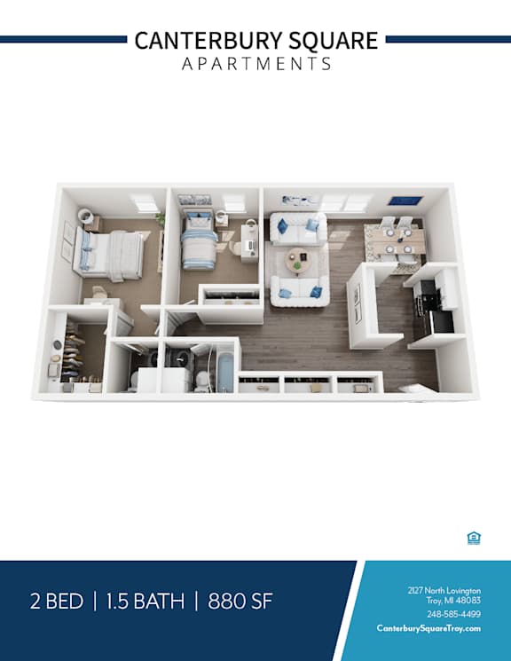 A Canterbury Square Apartments floor plan shows a 2 bedroom apartment with 1.5 bathrooms and a total size of 880 square feet.