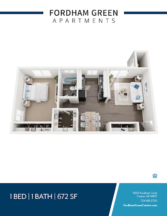 Apartment living room with a kitchen and bathroom.