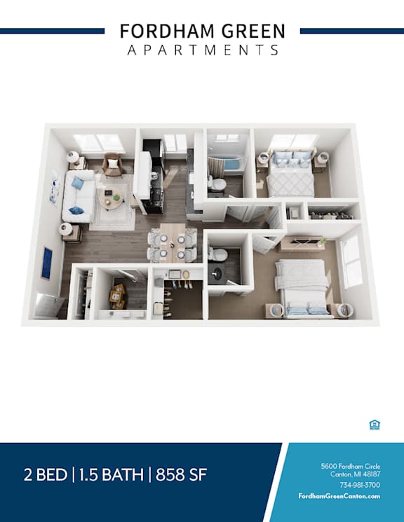 Apartment layout for Fordham Green Apartments showing a 2 bedroom apartment with 1.5 baths and 858 square feet.