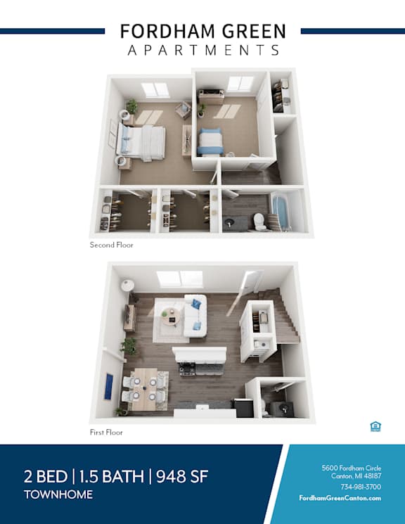 A blue and white image of a two bedroom apartment with a first and second floor plan.