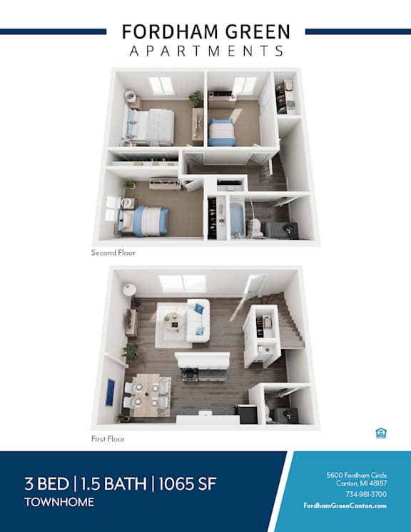 A blue and white advertisement for Fordham Green Apartments showing a 3 bedroom apartment with a first and second floor layout.