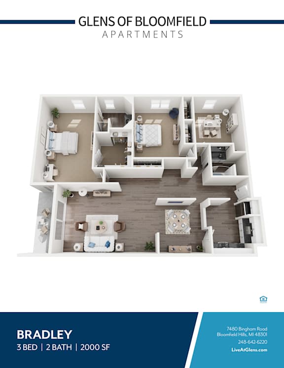 A floor plan of a 3 bedroom, 2 bathroom apartment at Glen of Bloomfield Apartments.