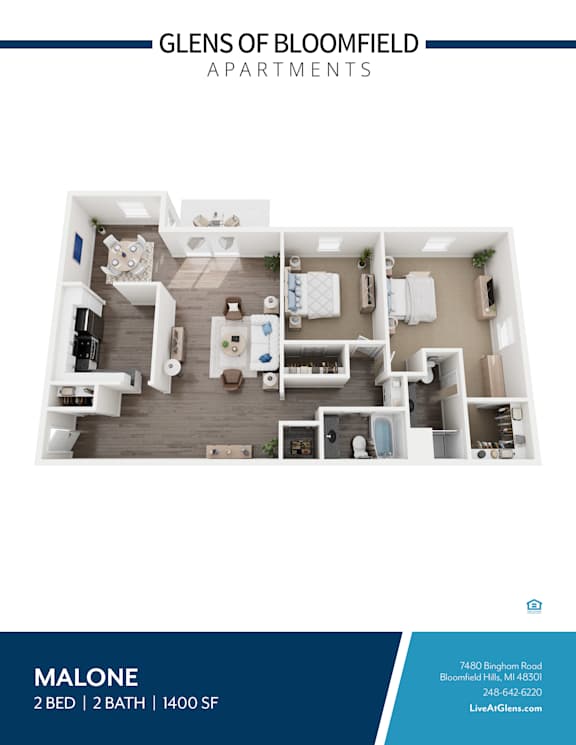 A floor plan of a two bedroom apartment with two bathrooms at the Glens of Bloomfield Apartments.