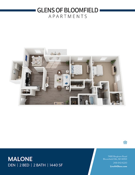 A floor plan of an apartment at Glens of Bloomfield with a blue and white color scheme.