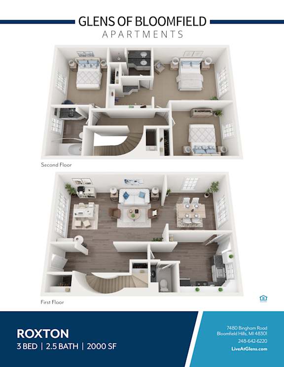 A floor plan for a 3 bedroom, 2.5 bathroom apartment with 2000 square feet.