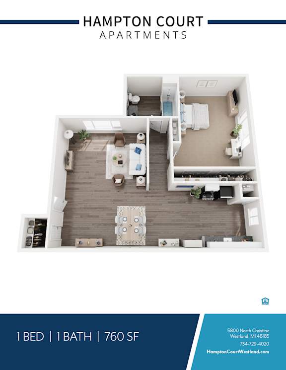 A Hampton Court Apartments floor plan shows a one bedroom apartment with a bathroom.