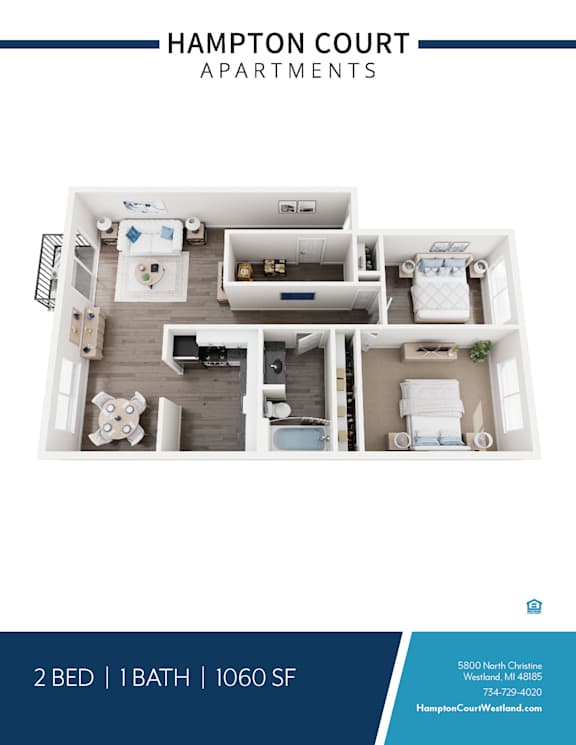 A blue and white image of a floor plan for a 2 bedroom apartment with 1 bath at Hampton Court Apartments.