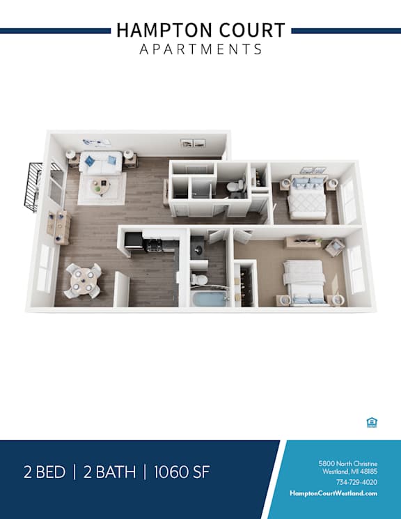 Apartment layout for Hampton Court Apartments showing a 2 bedroom, 2 bathroom apartment.
