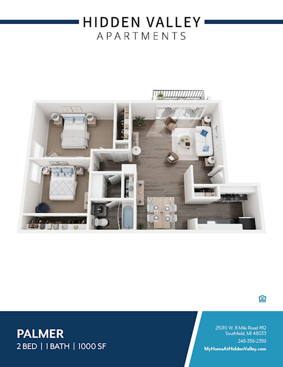 A floor plan of a two bedroom apartment with one bathroom at Hidden Valley Apartments.