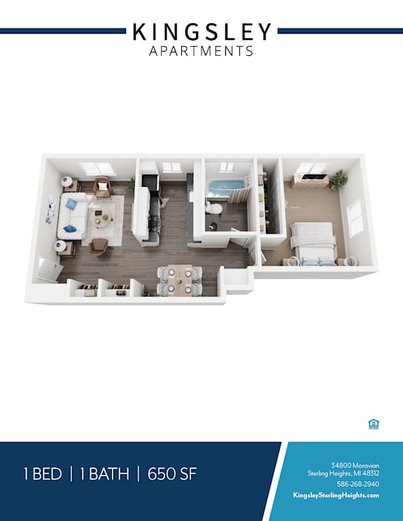 A Kingsley Apartments floor plan shows a one bedroom apartment with a bathroom and a total area of 650 square feet.
