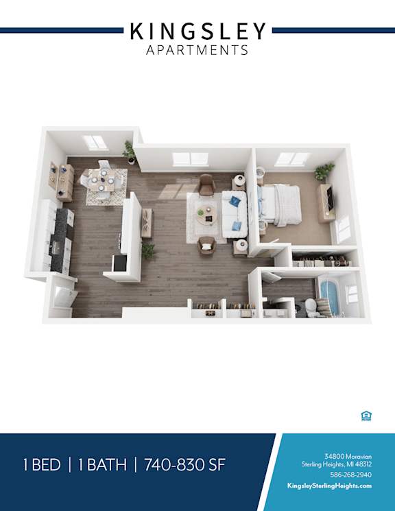 A Kingsley Apartments floor plan shows a one bedroom apartment with a bathroom.