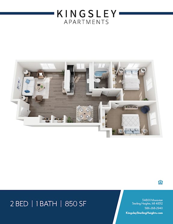 A Kingsley Apartments floor plan shows a 2 bedroom apartment with 1 bath and a total area of 850 square feet.
