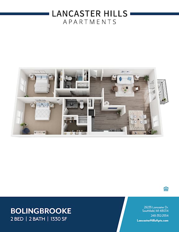 A blue and white flyer for Lancaster Hills Apartments shows a floor plan for a two bedroom, two bath apartment.