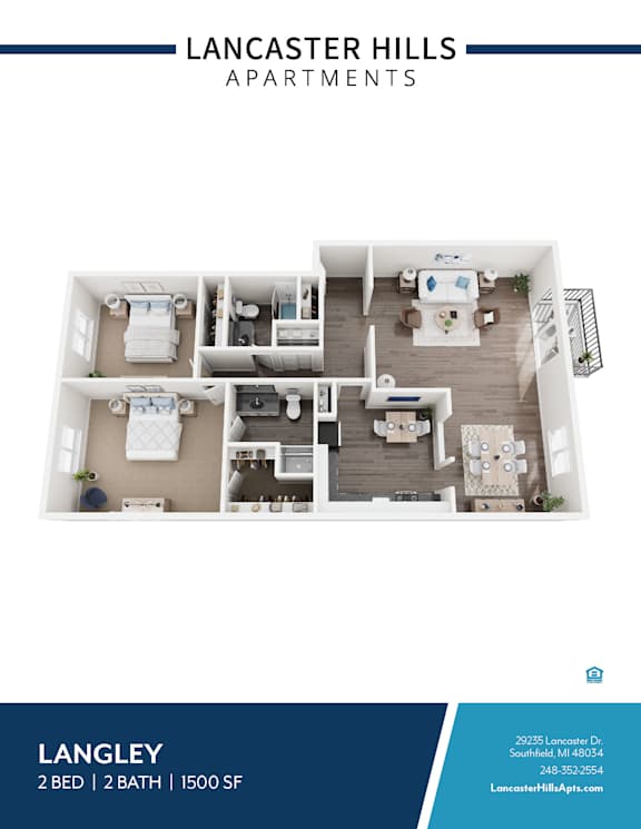A blue and white image of a floor plan for a 2 bedroom, 2 bathroom apartment at Lancaster Hills Apartments.