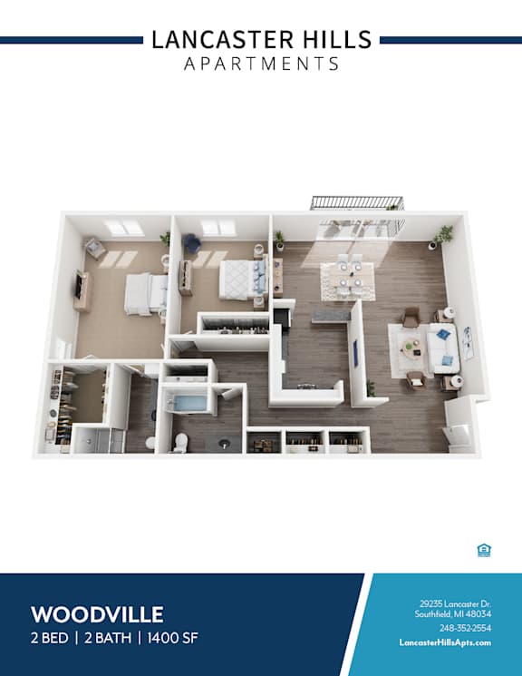 A blue and white image of a two bedroom apartment in Lancaster Hills.