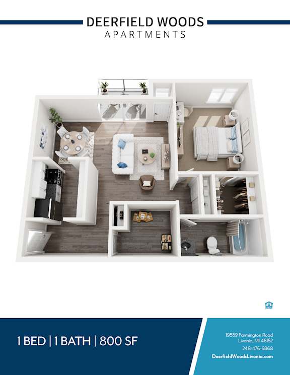 A blue and white advertisement for Deerfield Woods Apartments.