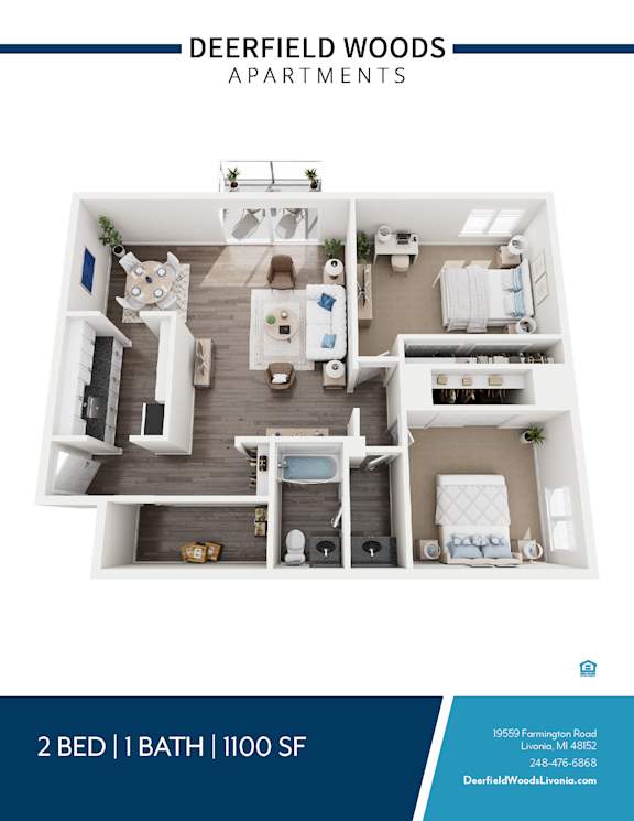 A blue and white advertisement for Deerfield Woods Apartments.