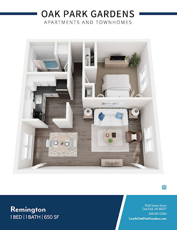 A floor plan of an apartment from Oak Park Gardens.