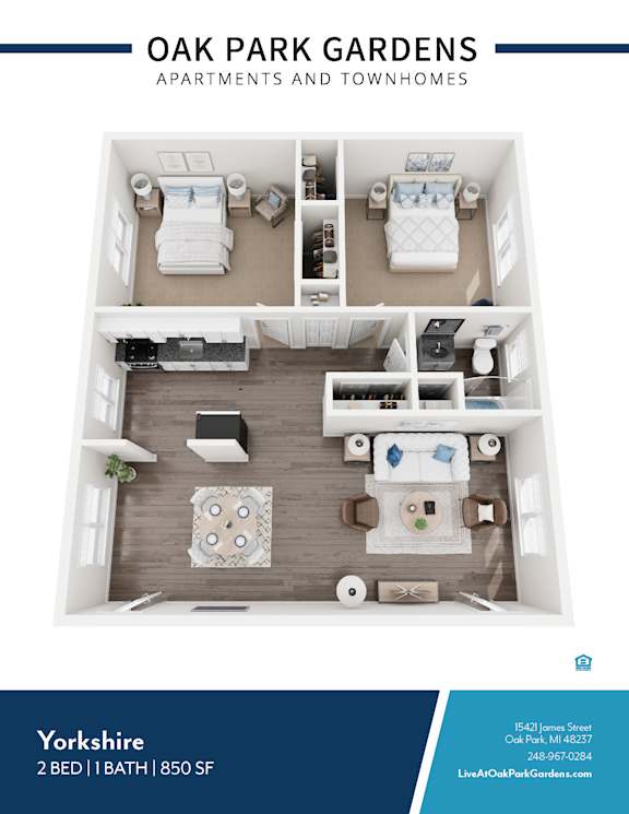 A floor plan of a 2 bedroom apartment with 1 bathroom and a living area.