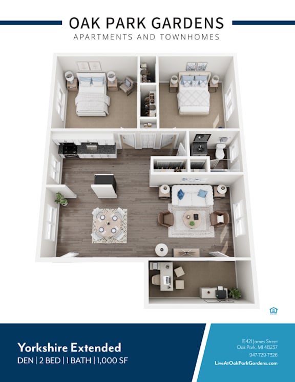 A floor plan of a two bedroom apartment with a bathroom and living room.