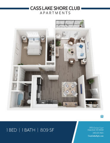 A floor plan of a one bedroom apartment at the Cass Lake Shore Club.