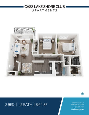 A floor plan of a 2 bedroom apartment with 1.5 bathrooms at the Cass Lake Shore Club.