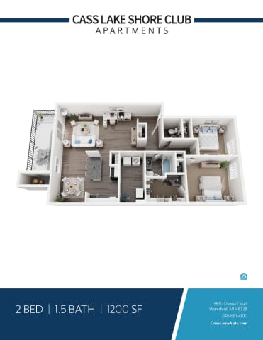 A floor plan for a 2 bedroom apartment with 1.5 bathrooms at the Cass Lake Shore Club.
