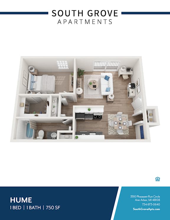 A floor plan of a one bedroom apartment with a bath at South Grove Apartments.