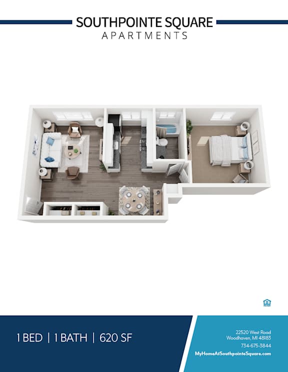 A floor plan of a one bedroom apartment with one bathroom at Southpointe Square Apartments.