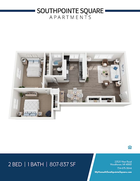 A floor plan of a 2 bedroom apartment with 1 bath at Southpointe Square Apartments.