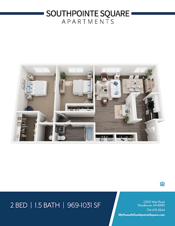 A floor plan of a 2 bedroom apartment with 1.5 bathrooms at Southpointe Square Apartments.