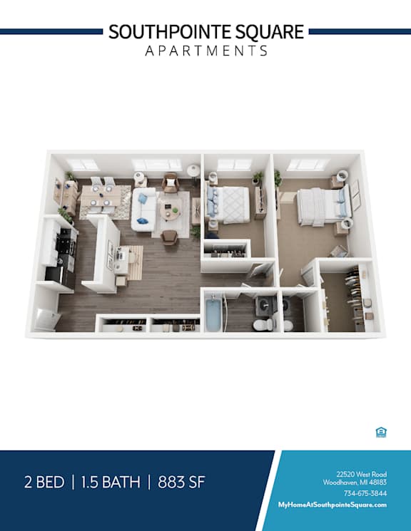 A floor plan of a 2 bedroom apartment with 1.5 bathrooms and 883 square feet.
