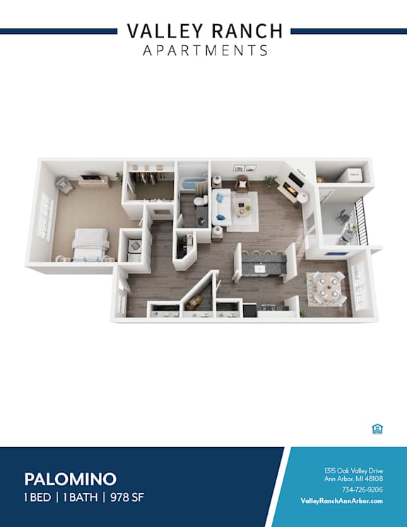 A floor plan of a one bedroom apartment at Valley Ranch Apartments.
