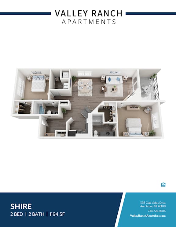 A blue and white image of a floor plan for apartment living at Valley Ranch Apartments.