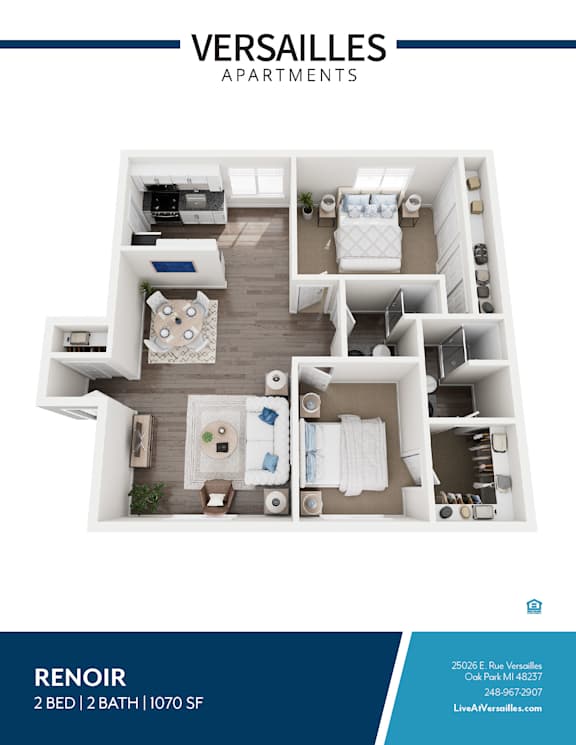 A floor plan of a Versailles Apartments apartment named Renoir, which includes 2 bedrooms, 2 bathrooms, and is 1070 square feet.