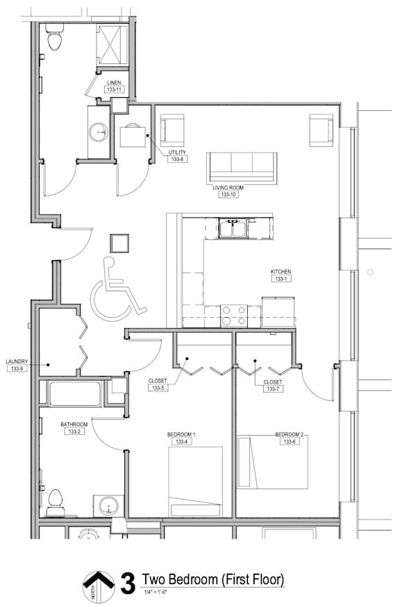 A floor plan of a two bedroom apartment on the first floor.