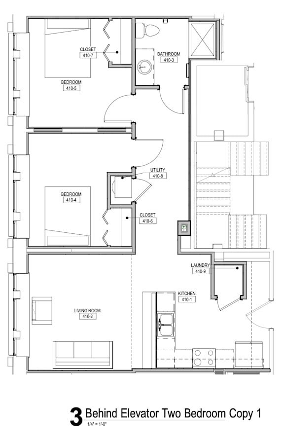 A drawing of a floor plan for a two bedroom apartment.