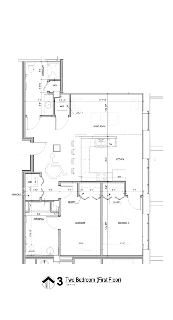 A drawing of a two bedroom first floor apartment.