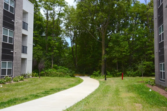 Walkway between two apartment buildings at The Landing Apartments, IN