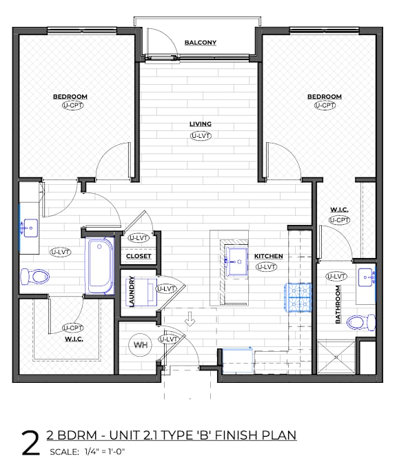 A floor plan of a 2 bedroom, 2 bathroom apartment.