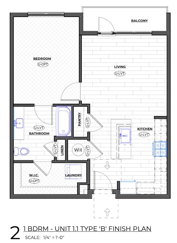 A floor plan of a 1 bedroom, 1 bathroom unit.