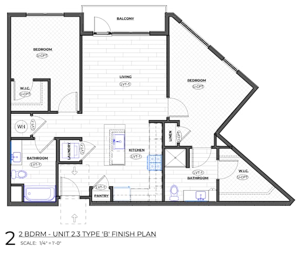 A black and white floor plan of a 2 bedroom unit.