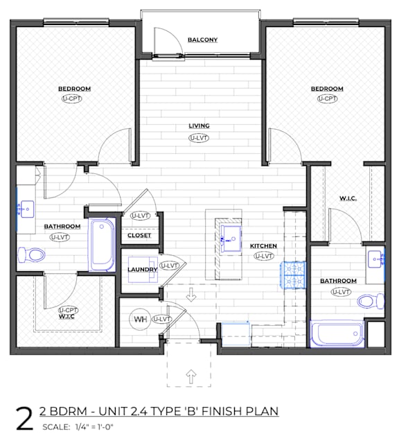 A floor plan of a 2 bedroom, 2 bathroom apartment.