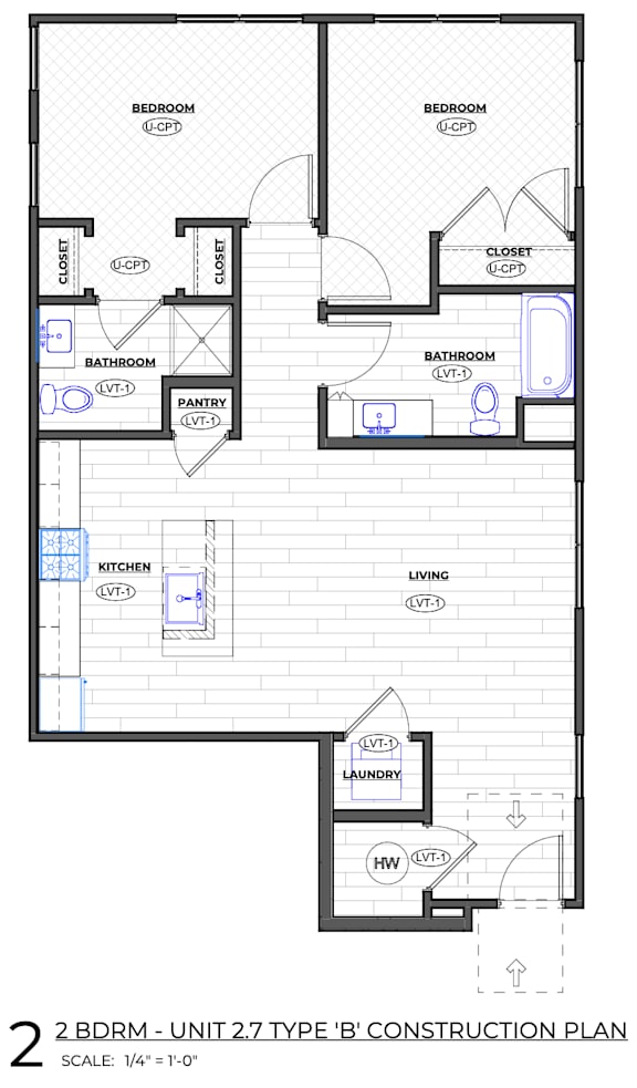 A floor plan for a 2 BDRM Unit 27 Type B' construction.