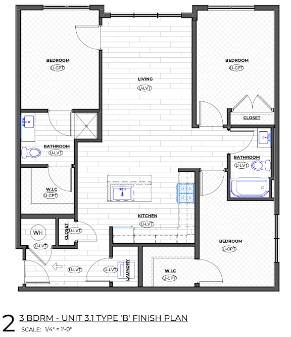 A floor plan of a 2 bedroom, 3 bathroom apartment.