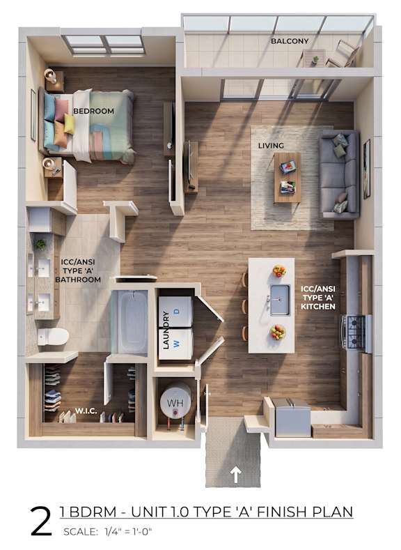 A 1 Bedroom Unit 10 Type A finish plan with a living room, bedroom, kitchen, and bathroom.