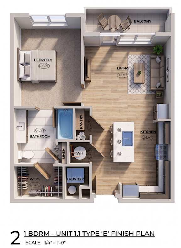 A 1 BDRM unit with a finish plan labeled 'B' is shown.